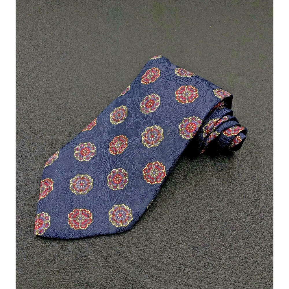 Vtg 80s 90s Tom James Silk Neck Tie Dark Blue Red Floral Medallion Exec Corpcore